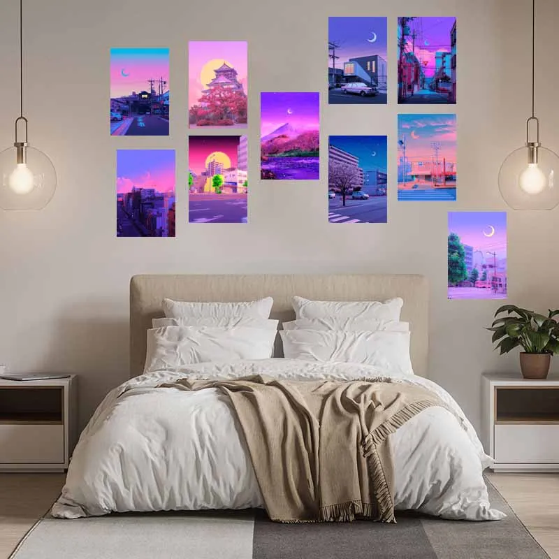 10/30PCS Purple Wall Collage Kit 80s Neon City Night Street Poster Aesthetics Natural Scenery Art Printing Room Decor Mural