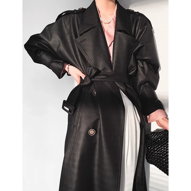 Luxury High-quality Vintage Long Trench Coat Women Autumn Winter Maxi Windbreaker Double-breasted Belted Outerwear Lapel Design