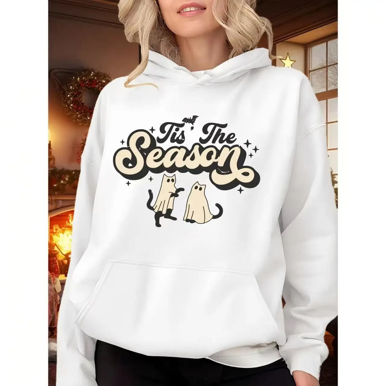 

'Tis The Season Halloween Hoodie, Cute Ghost Cat Graphic Pullover for Women, Oversized Spooky Sweatshirt, Fall Holiday Top