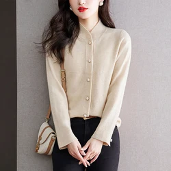 Fashion Single-breasted Knitted Cardigan Solid Color All-match Autumn Winter Basic Stand Collar Female Clothing Loose Sweaters