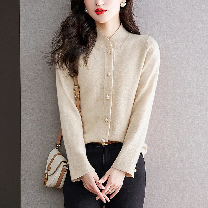 Fashion Single-breasted Knitted Cardigan Solid Color All-match Autumn Winter Basic Stand Collar Female Clothing Loose Sweaters