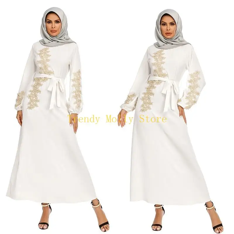 

N5KB Women Muslim Puff Long Sleeve Flared Maxi Dress Beading Floral Lace Applique Belted High Waist Robe Elegant Dubai Abaya