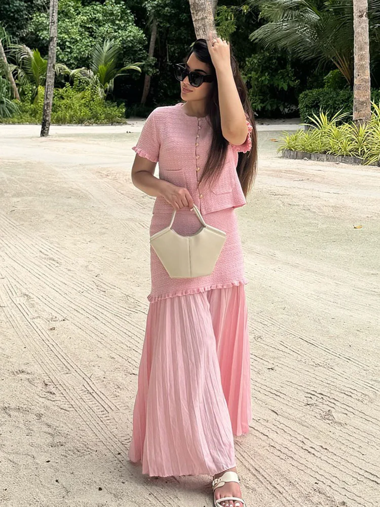 เสื้อครอปแขนสั้นผู้หญิง HH แบบเซ็กซี่ คอทรงโอ แต่งลายลามิเนต มีกระเป๋า เหมาะสำหรับฤดูร้อน ผ้าถัก