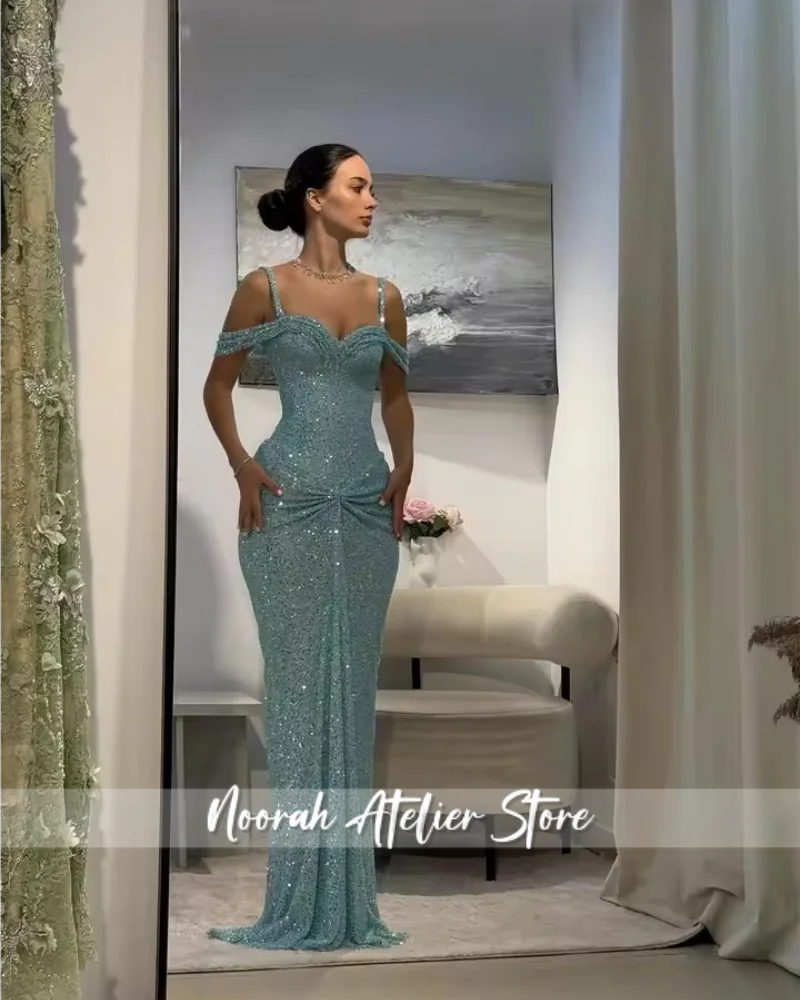 

Индивидуальные синие платья для выпускного вечера с блестками и бисером, с открытыми плечами, вечернее платье длиной до пола с иллюзией, 2025