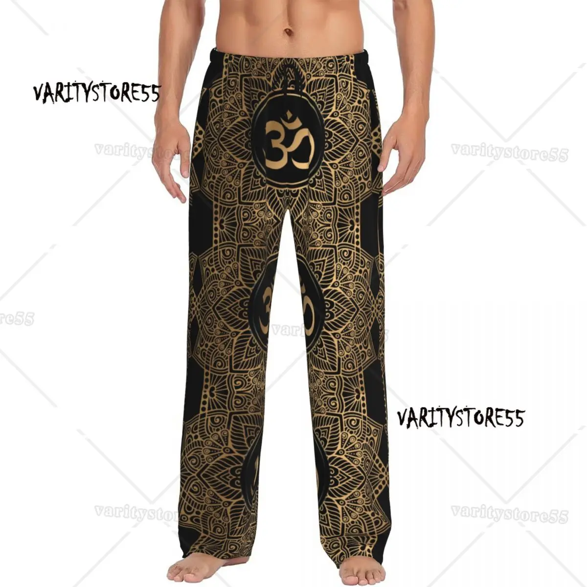 

Custom Print Golden Om Mandala Pajama Pants Men Henna Aum Sleep Sleepwear Bottoms with Pockets