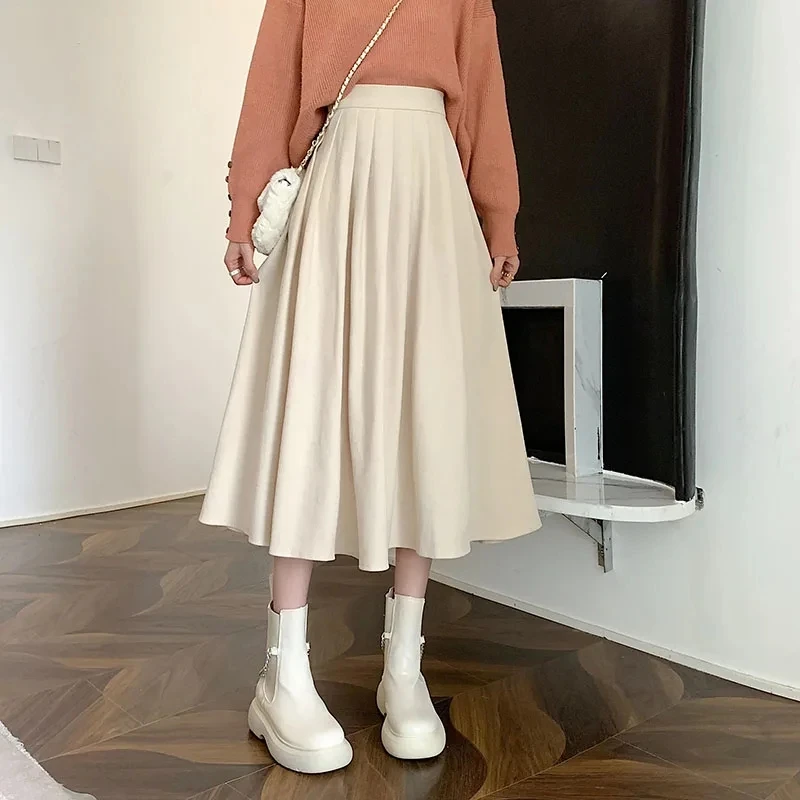 Biyaby Korean High Waist Long Skirt for Women College Style Corduroy Pleated Skirts Woman 2024 Autumn Streetwear Blue Midi Skirt