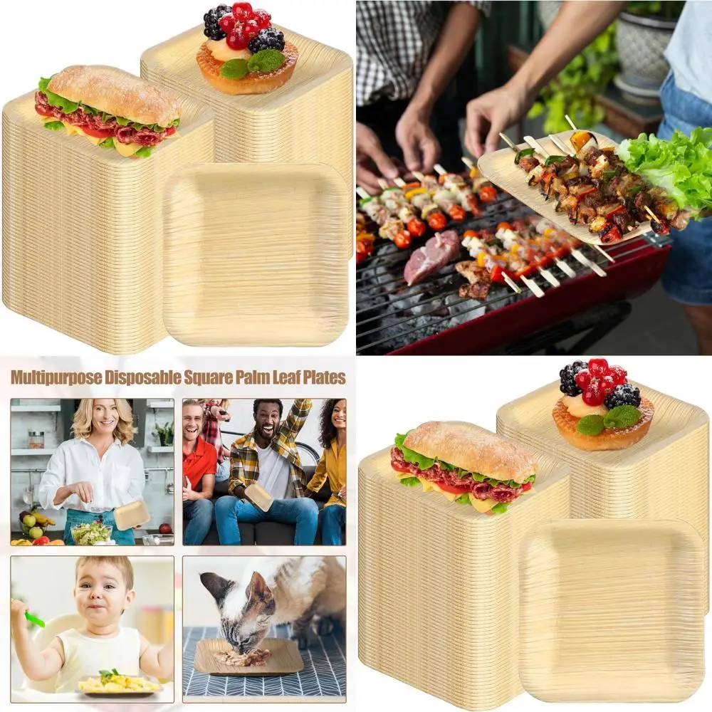 

4 квадратных бамбуковых тарелки с пальмовыми листьями, 200 шт., одноразовые десертные тарелки для рождественских вечеринок и свадеб