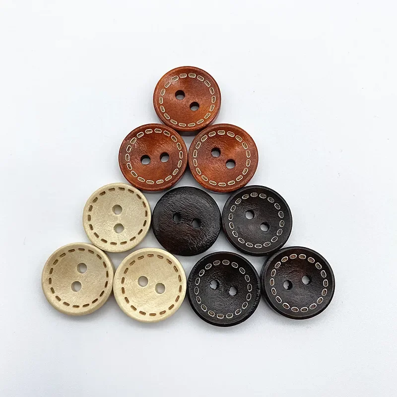 New 15MM Round Wooden Bowl Buckle Carved Dotted Line Wood Two-eye Button DIY Hand Sewn Ornament