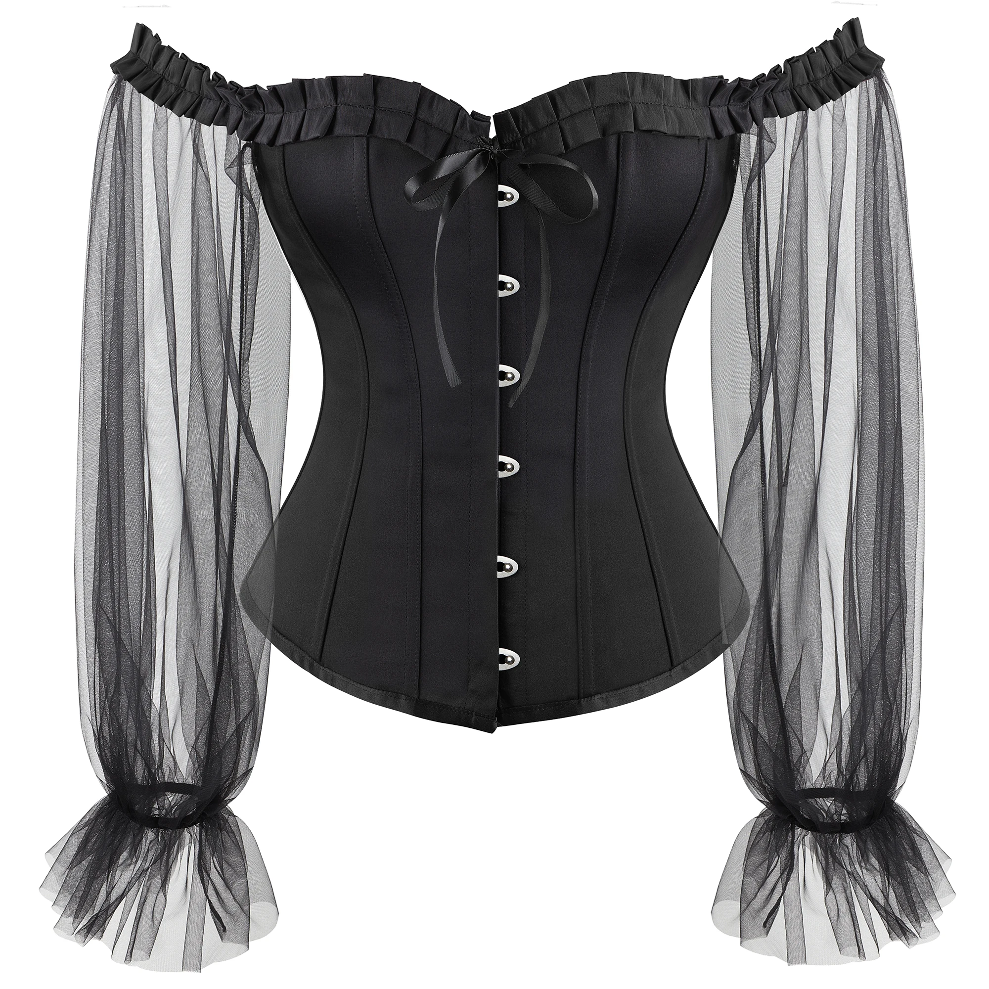 sexy black corset top waist trainer gothic corsets and bustiers women overbust corset blouse off shoulder Long puff sleeve