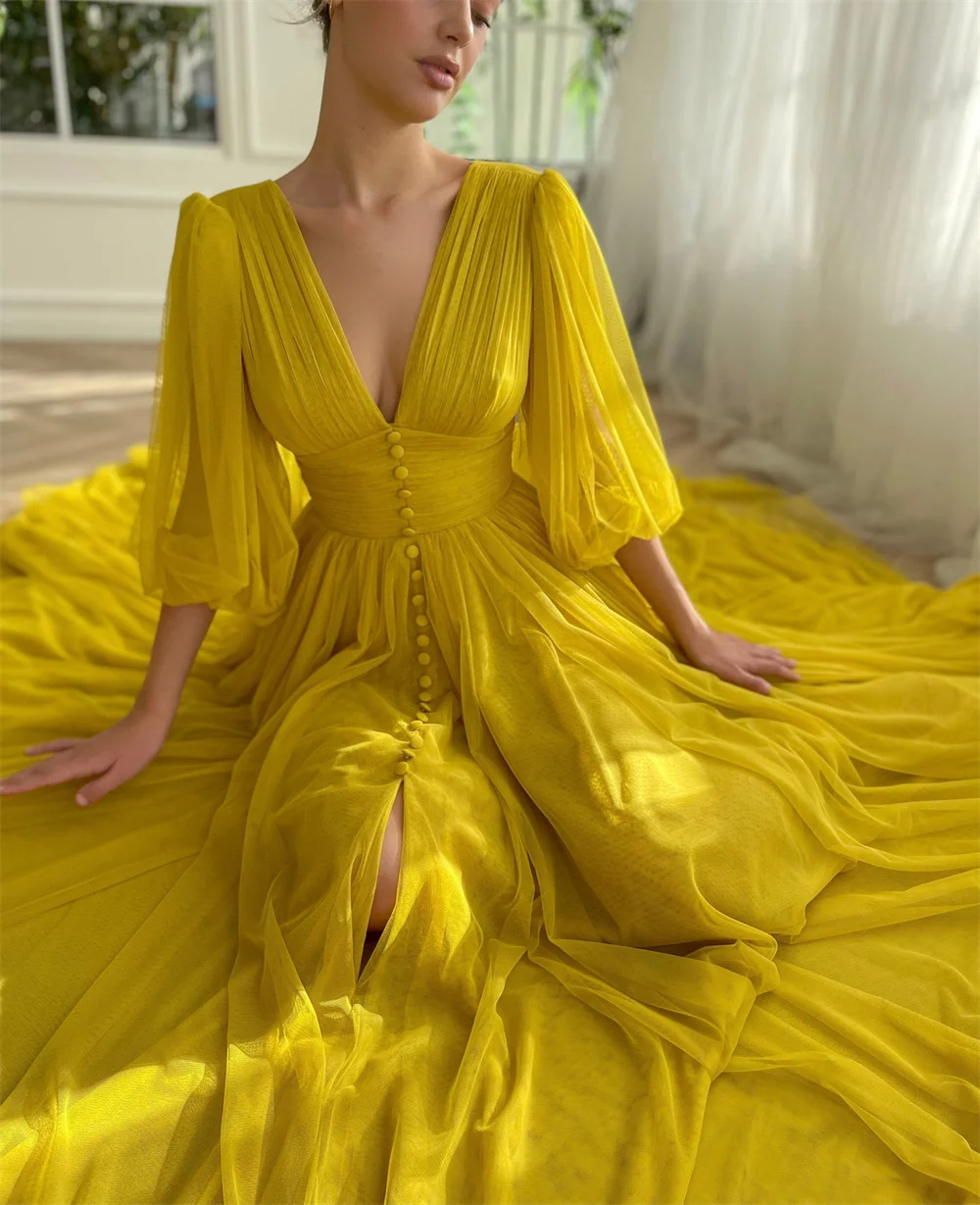 Bella Yellow Chiffon A-line Prom Dresses Elegant Long Sleeves Evening Dress V-neck Side Split Customized Vestidos De Fiesta