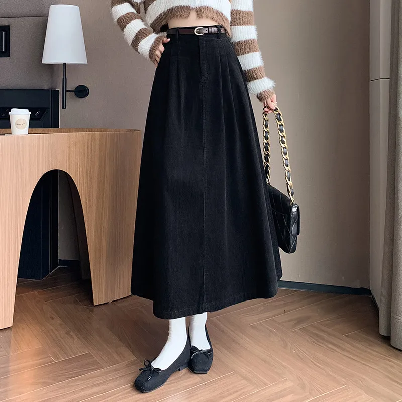 Long Skirt for Women 2025 Autumn and Winter, High-waisted, Flared, Pleated, Slim-fitting Corduroy Midi Skirt