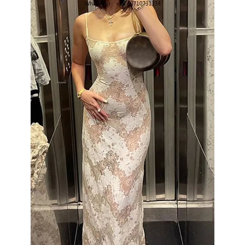 Women Spaghetti Strap Backless Bandage Maxi Dress Print Patchwork Slim Fit Summer Sleeveless Party Streetwear Dress