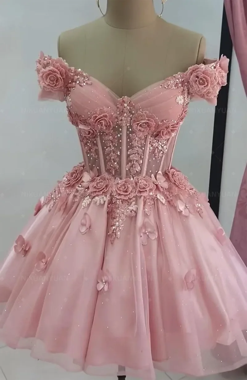 Shiny Tulle Homecoming Dress Cocktail Wedding Guest Gown 2026 Off Shoulder Short Prom Dress Custom image 2