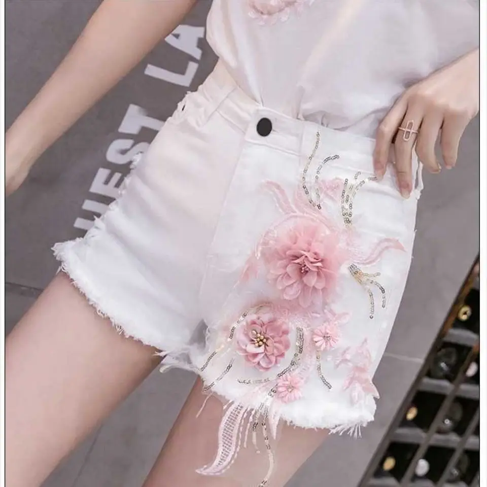 Women Embroidered Flowers Sexy Denim Shorts 2026 New Summer Women's High-waist Loose-fitting 3D floral Sweet White Denim Shorts