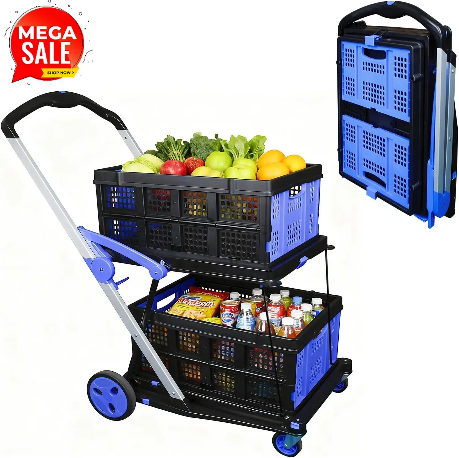 Shopping Cart with 2 Storage Crates, Multi Use Two Tier Collapsible Cart with 360° Rolling Swivel Wheels Heavy Duty Folding