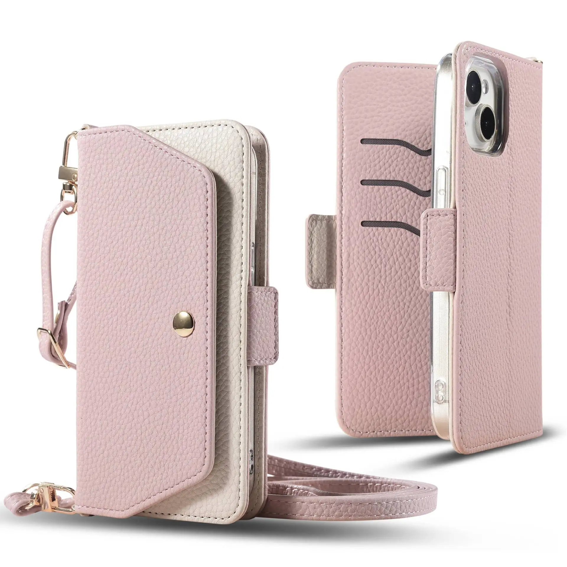 Japan Luxe Crossbody Lange Band Kaartsleuf Flip Portemonnee Lychee Lederen Case Cover voor Iphone 16 15 14 13 12 Mini 11 Pro Max Plus