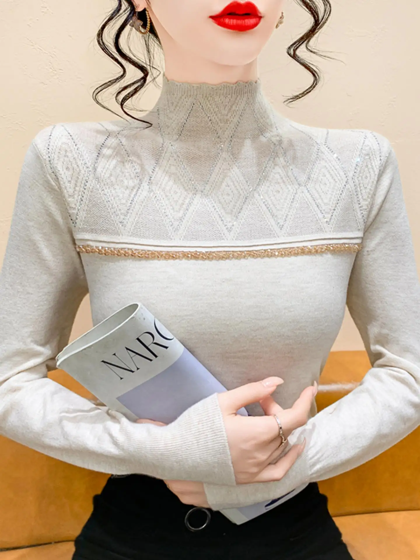 

Women's Long Sve Knitted Sweater High Collar Rhinestone Embellied Slim Fit Autumn Winter Base Layer Top Diamond Pattern