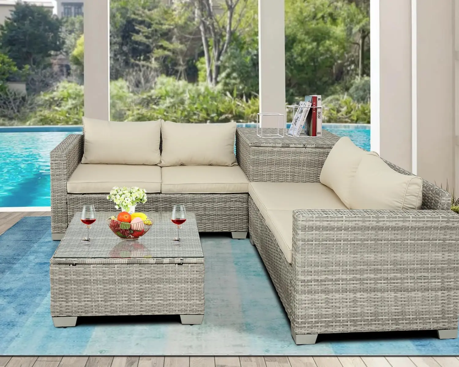Outdoor PE Wicker Patio Furniture Set Rattan Sectional Loveseat Couch Set Conversation Sofa with Storage Box Glass Top Table