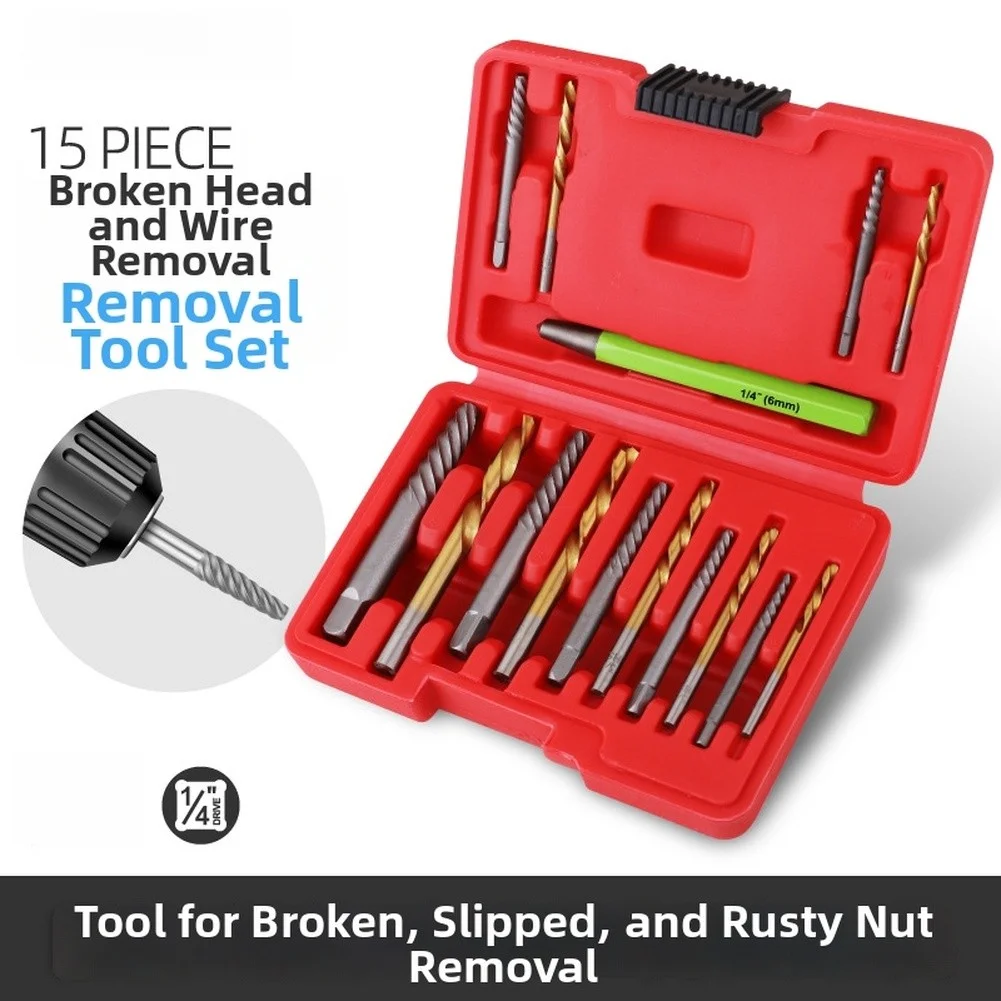 15-Piece Screw Extraction Set Includes 7 Coarse Thread Extractors 7 Twist Drill Bits 1 Center Punch for Chrome Vanadium Build