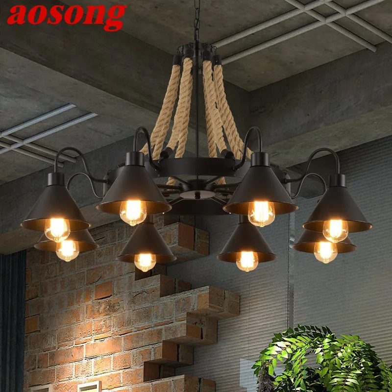 AOSONG American Style  Pendant  Nostalgic Loft Industrial Style Internet Cafe Restaurant Hot Pot Shop Retrohemp Rope Chandelier