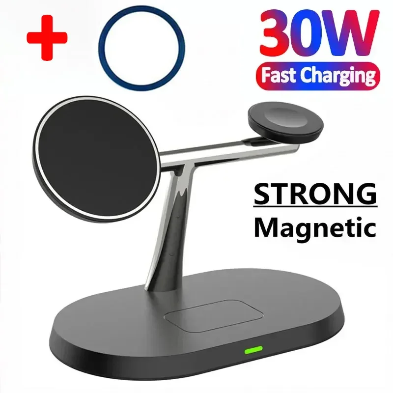 30W 3 in 1 Magnetic Wireless Charger Stand For iPhone 15 14 13 12 Apple Watch iWatch 8 7 6 Airpods Macsafe Fast Charging Station