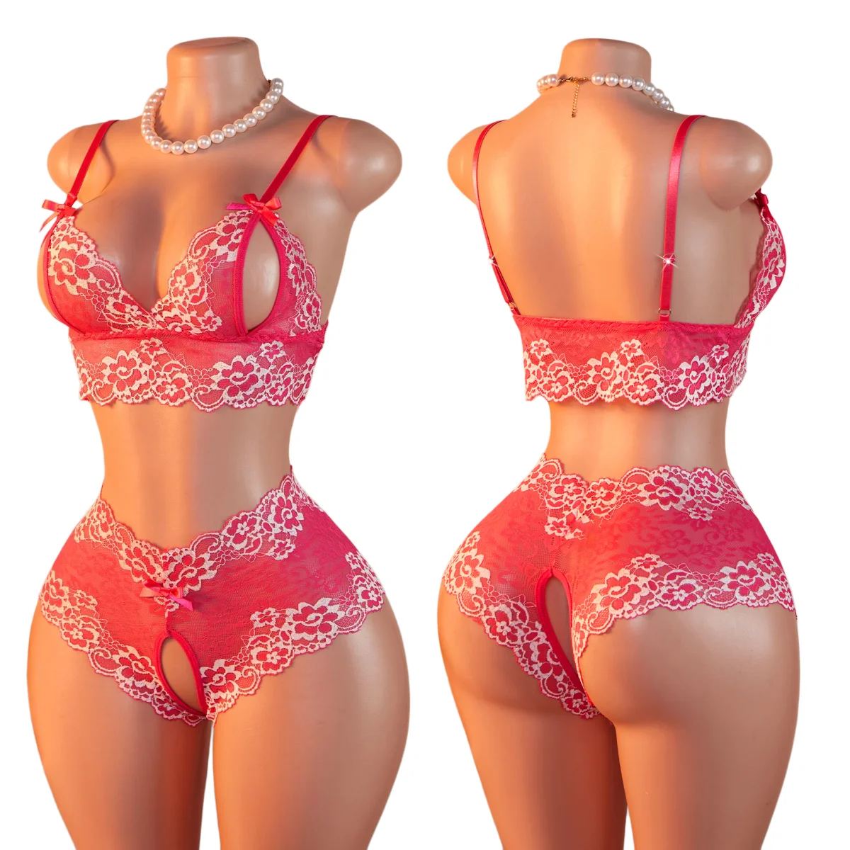 Women's Lingerie Sets Rose Lace Open Cup Bra And Crotchless Underwear Sheer Mesh Sling Bodysuit Female Seductive Sleepwear