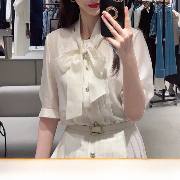 

Song Hye Kyo Inspired Tee-Piece Set Belted Top ter Ne Skirt ort Sve Button Detail Pleated A-Line Skirt