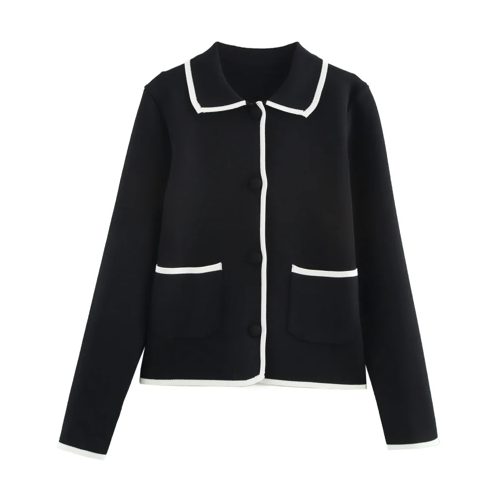 

UNIZERA Women's Knitted Loose Top with Collar Long Sleeves Splicing Edges Pocket Buttons Autumn and Winter New Style Cardiga