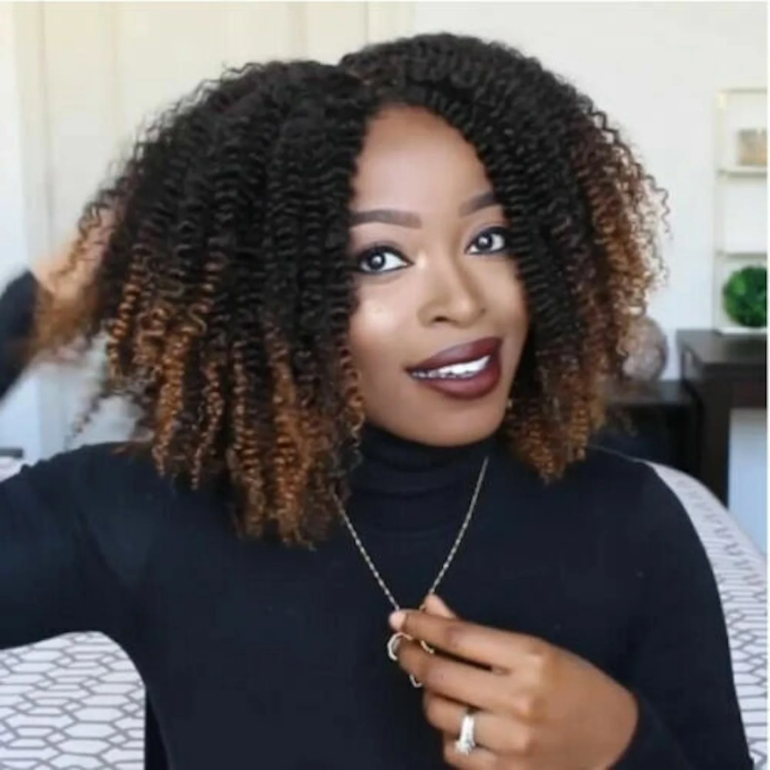 WIGERA Medium Ombre Dark Light Brown Hair Afro Kinky Curly Wig Synthetic Glueless Wigs For Black Women Ladies