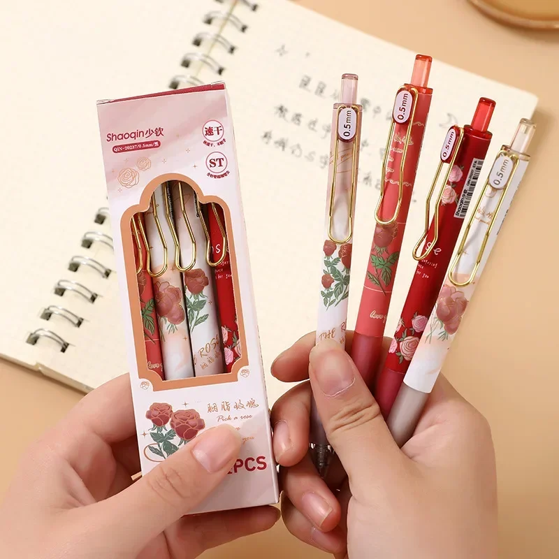 4pcs/box 0.5mm Black Ink Gel Pens Vintage Roses Quick Drying Needle Pens Korean Stationery Cute School Office Writing Supplies