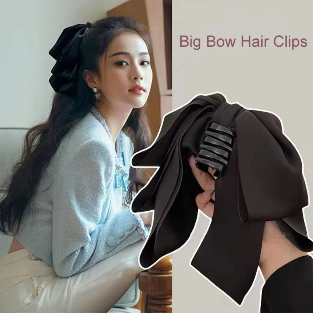 

New Tulle Cloth Big Bow Hair Clips Classic Ponytail Bow Ribbon Hair Clip Claw Clip Black Hair Barrettes Women Girls