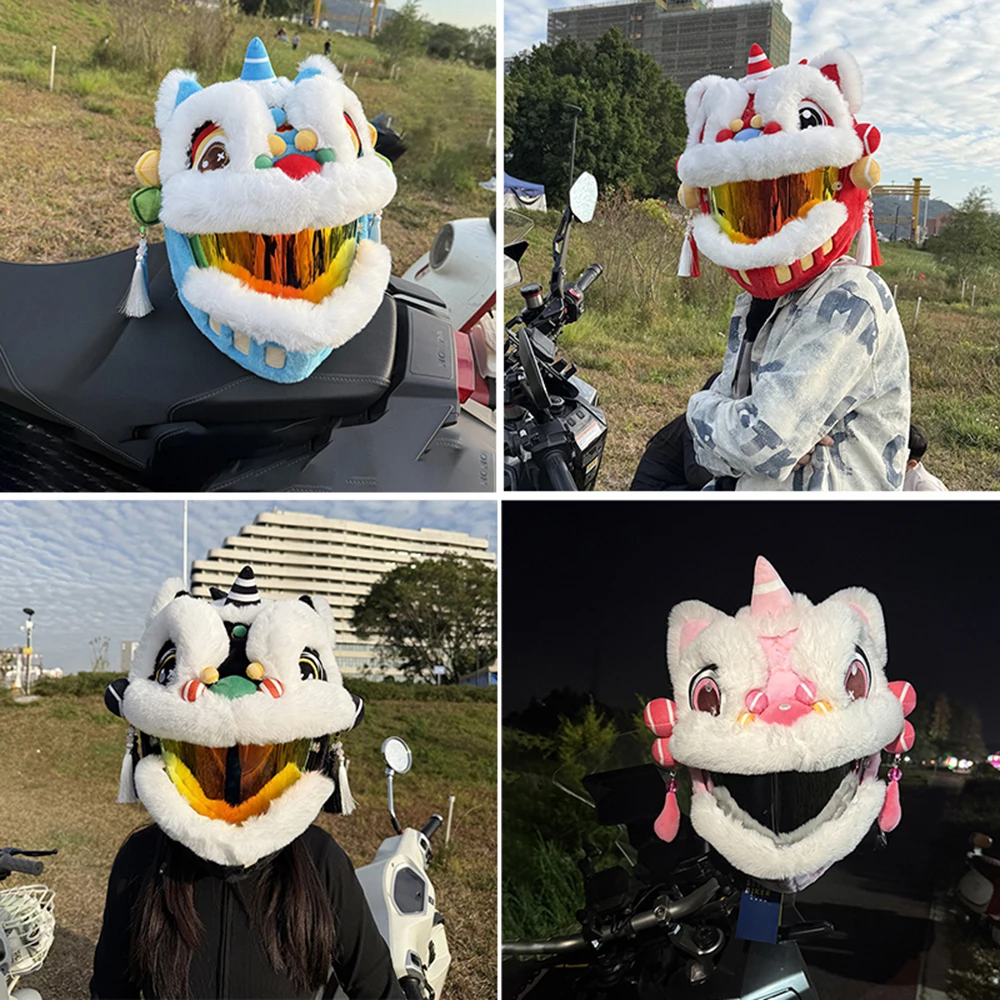 

Lion Dance Motorcycle Helmet Cover Plush Head Cover Cute Cartoon Personality Protective Cover Without Helmet