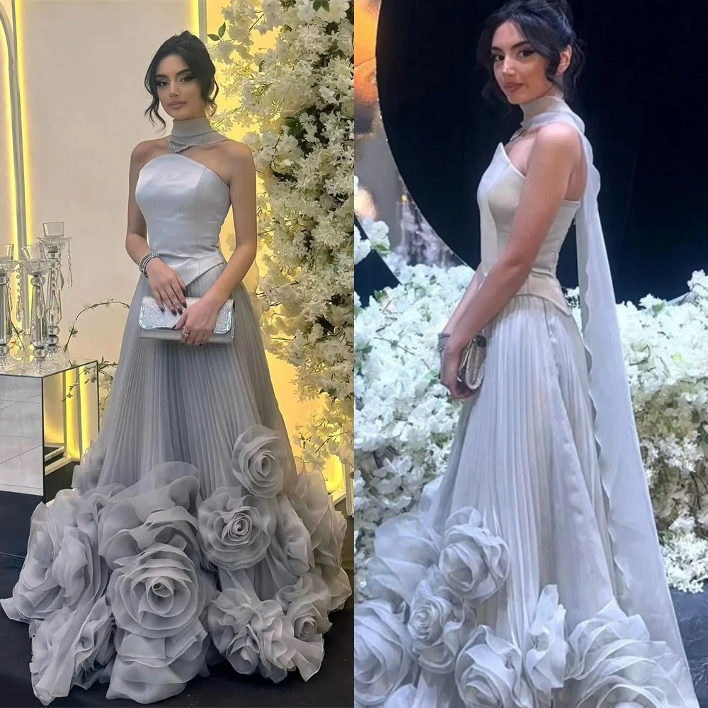 

Customized Formal Tulle Evening Dress Classic Strapless Sleeveless Homecoming Dress Fashion Flowers Special Occasion Gowns
