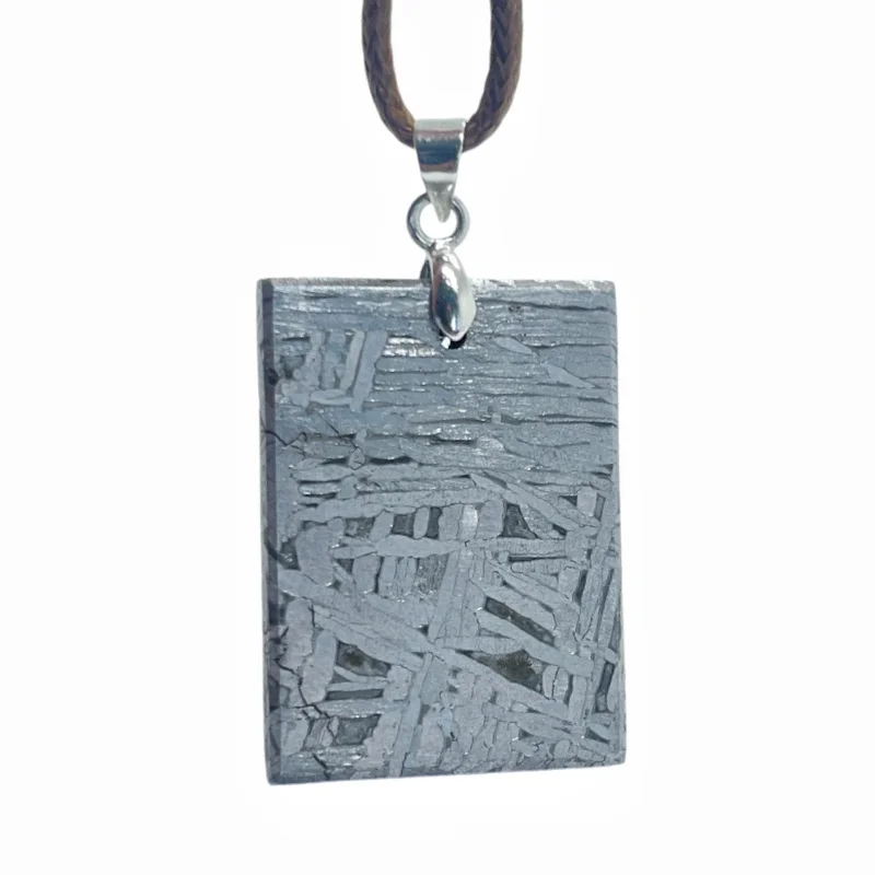 Muonionalusta Iron Meteorite Rectangle Pendant Natural Etched Widmanstätten Pattern Brown Braided Rope Necklace LK487