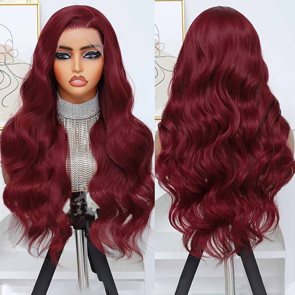 Burgundy 99J 13x4 Lace Front Headband Wig, Wavy High-Temperature Fiber Hair for Daily & Festive Styling