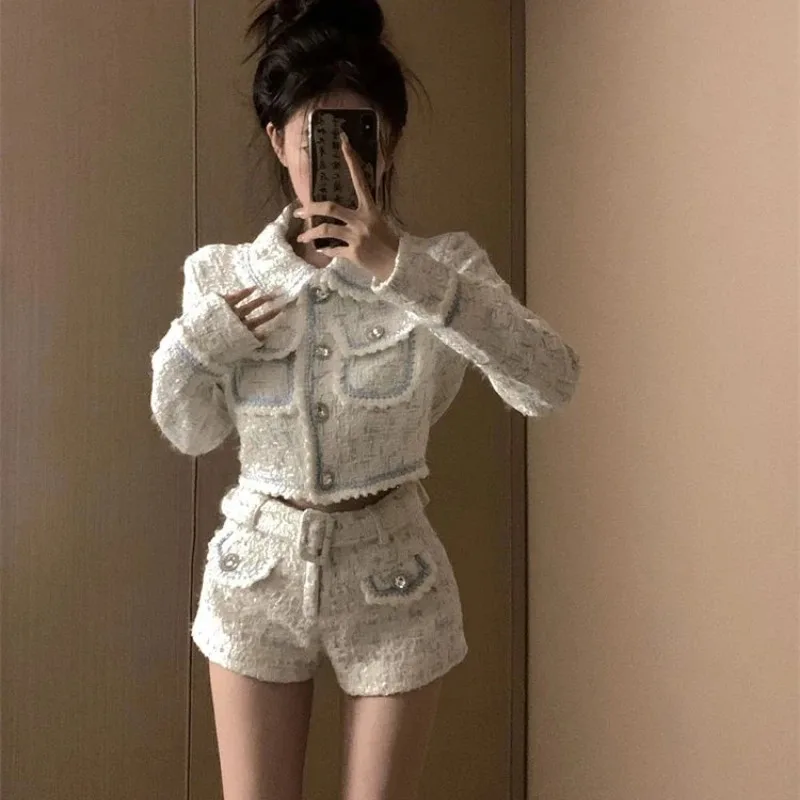 Bonito outono elegante shorts 2 peça conjunto feminino outwear casual colheita topos casaco + senhora do escritório y2k shorts feminino moda coreana terno