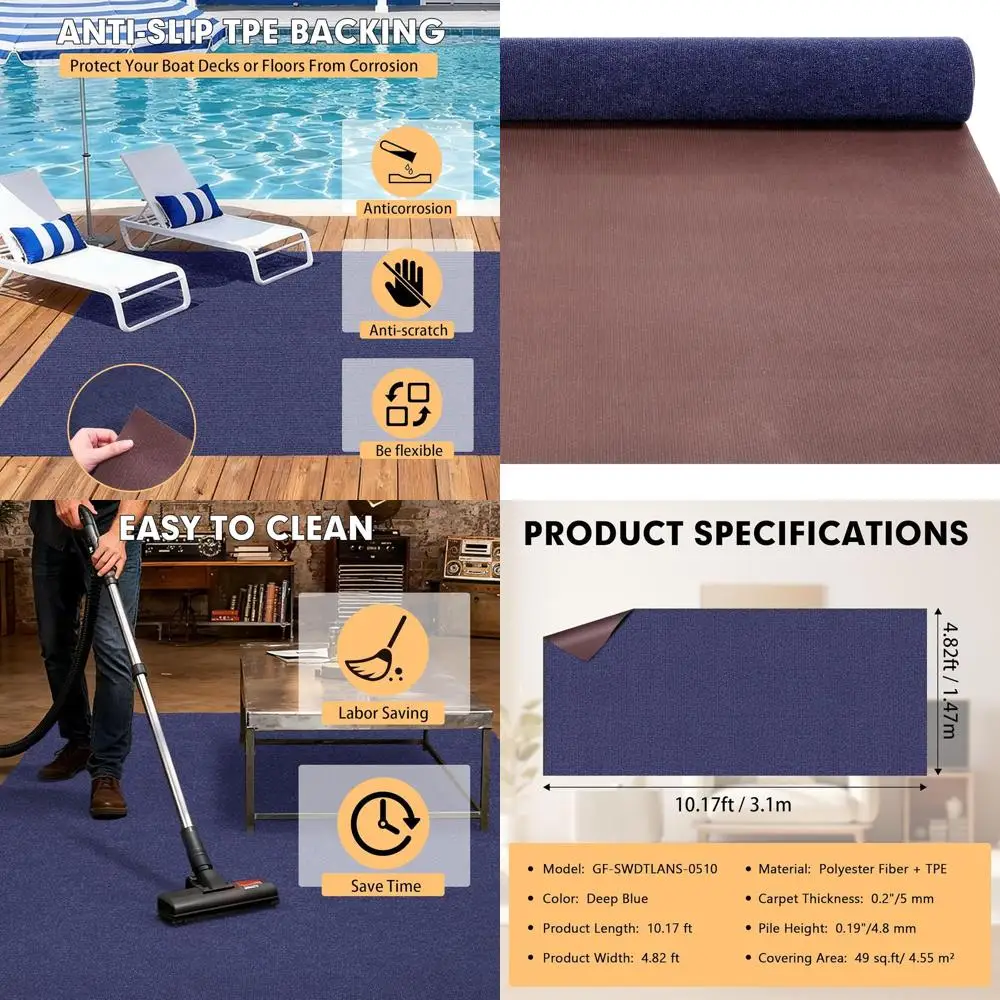 

5ft x 10ft Deep Blue Waterproof TPE Backed Marine Carpet for Outdoor and Indoor Use