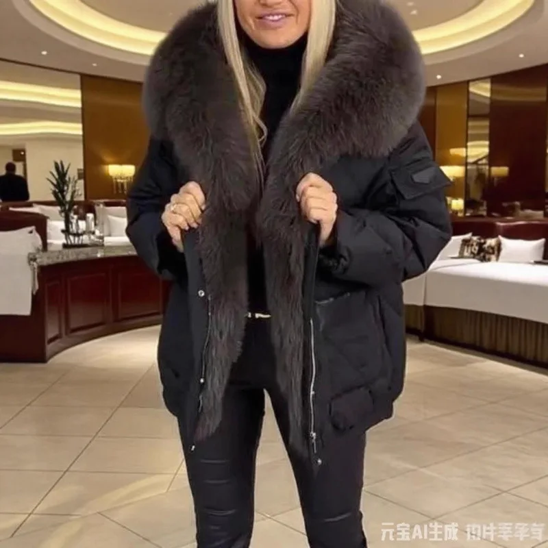 Women Jackets Fur Collar Hoodies Thick Parkas Zipper Button Casual Coats Warm Spliced Pockets Long Sleeve Jacket Autumn Winter