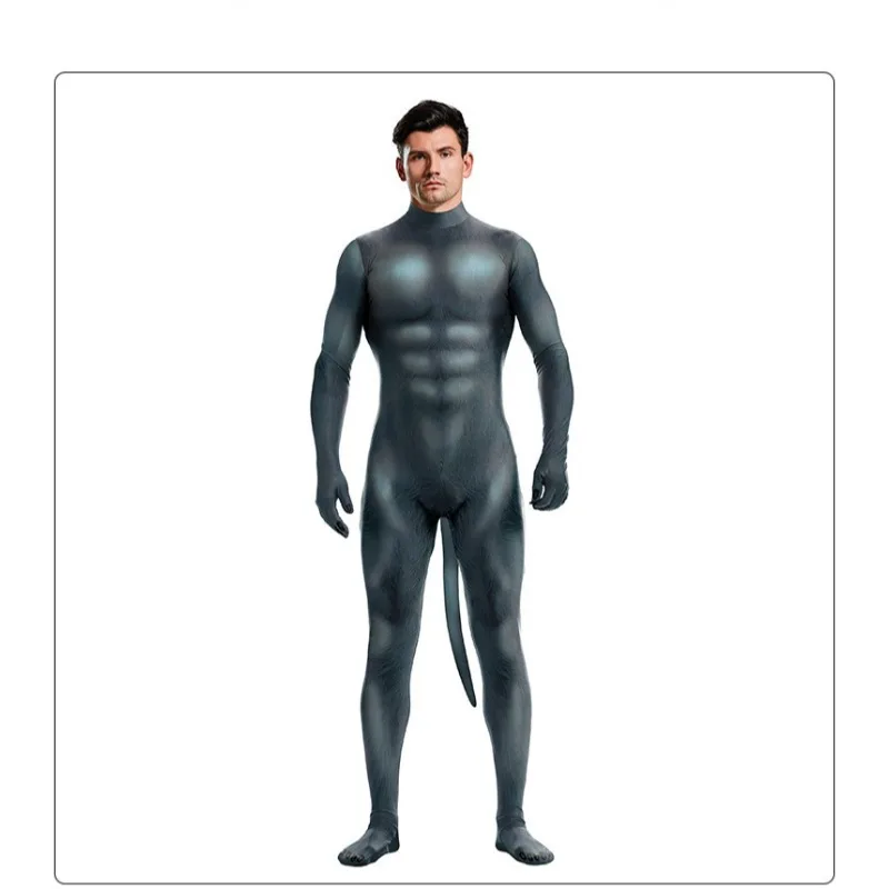 New Animal Cosplay Costume Grey Dog Print Zentai Bodysuit with Tail Halloween Theme Party Role Playing Outfits for Adult Men