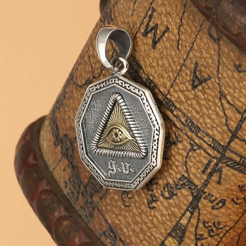 Personality Geometric Triangle Eye Pendant Necklace for Men Stainless Steel Chain Vintage Eye of Providence Sun Moon Jewelry