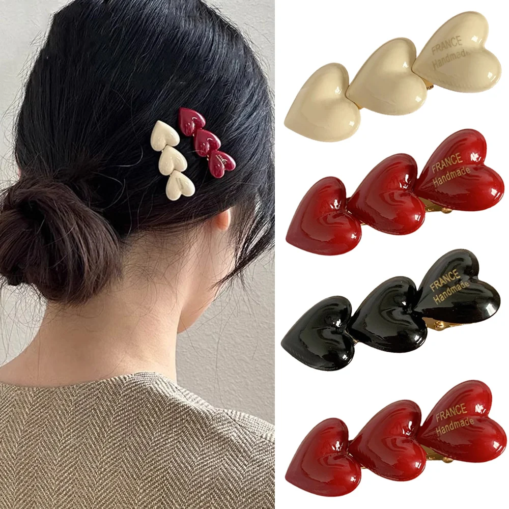 Y2k Peach Heart BB Duckbill Clip Wine Red Pure Black Hair Clip Three Little Hairpins Girls Heart-Shaped DIY Hair Accessories