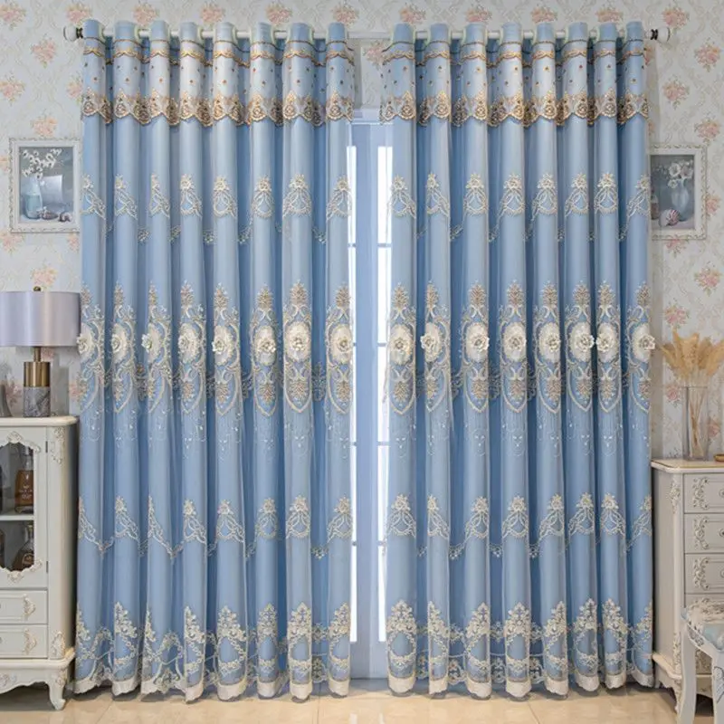 European Embroidered Floral Double Layer Curtain with Lace Tulle Sheer + Blackout Fabric for Living Room Bedroom Window Decor