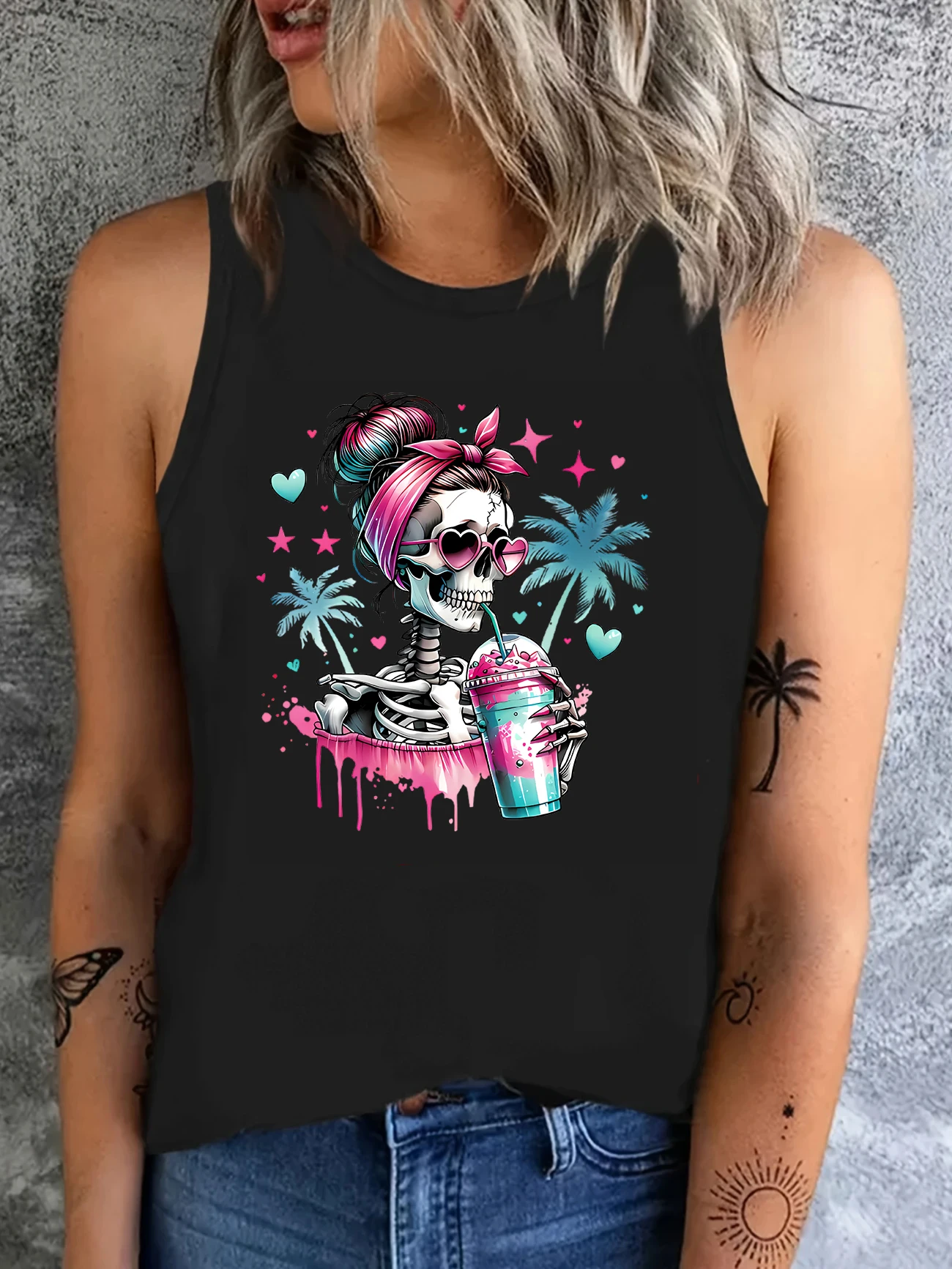 T-Shirt mit Totenkopf-Aufdruck, Gothic-T-Shirt, Grafikdruck, Tank-Top, Damen, ärmellos, Rundhalsausschnitt