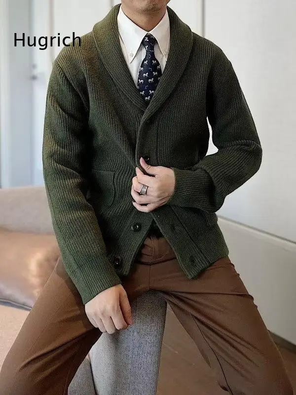 Men Shawl Collar Ribbed Knit Cardigan Button Down Long Sleeve Business Casual Sweater Coat with Pockets