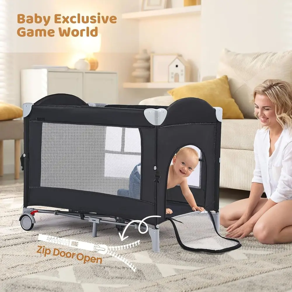 روضة أطفال محمولة الكل في واحد مع سرير ومحطة تغيير لحديثي الولادة والأطفال الصغار