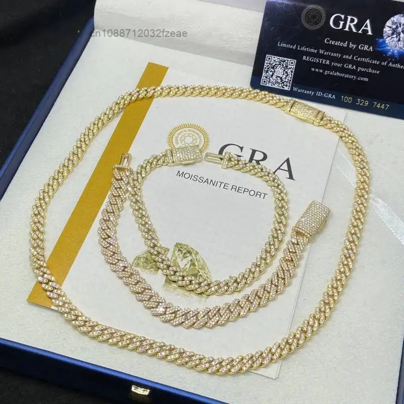 Wholesale 6/8mm 925 Silver Link Chain High Quality Iced Out Moissanite Cuban Chain Pass Diamond Test Moissanite HipHop Necklace.