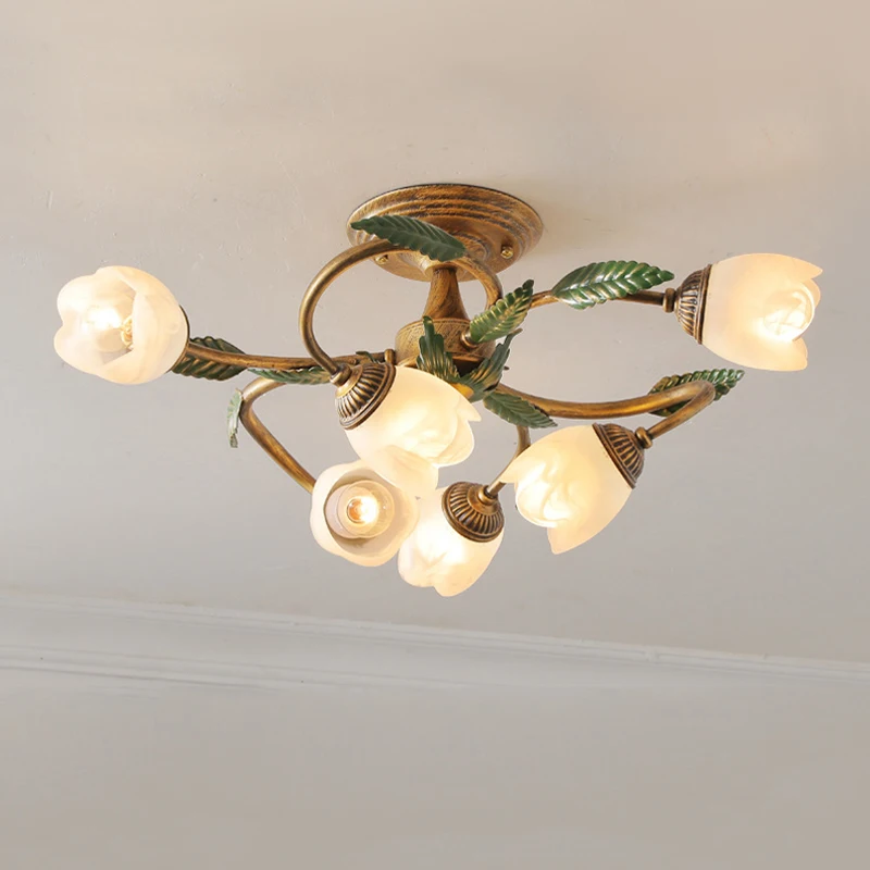 

American Retro Glass Villa Living Room Corridor Ceiling Light French Romantic Pastora Flower Bedroom 6 Heads LED Decorative Lamp