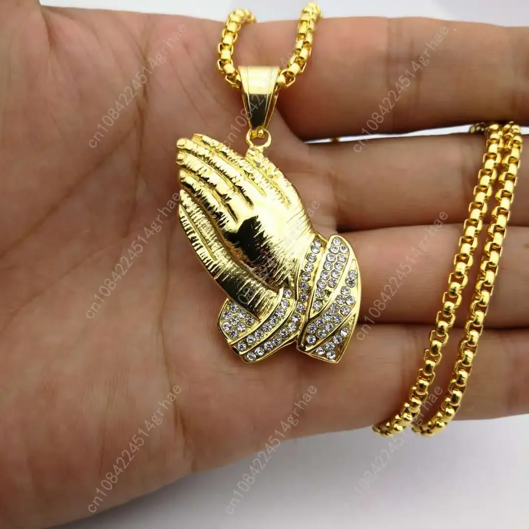 ヒップホップ 316Lステンレススチール ゴールドカラー フルクリスタル ダブルハンド プレイヤーペンダントネックレス ヒップホップ リンクチェーンネックレス メンズ