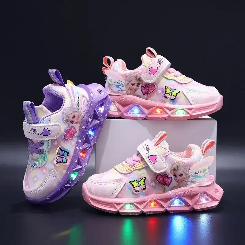 

Pink Elsa Princess Baby Girls Sneaker Cartoon Fashion Children's Shoes Spring Autumn Kids Led Lighting Sports Sneakers