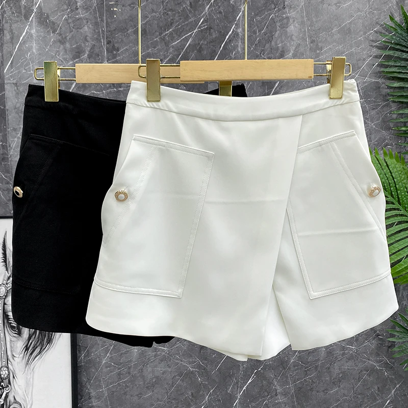 

Женские повседневные шорты Mi Ele Blogger с высокой талией и широкими штанинами, летние, с асимметричным дизайном, металлическим декором, синие